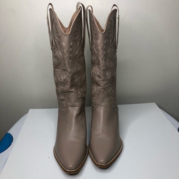 ARiderGirl Western Style Knee High Stacked Heel Boots Tan Taupe Embroidered 10 - Picture 4 of 12